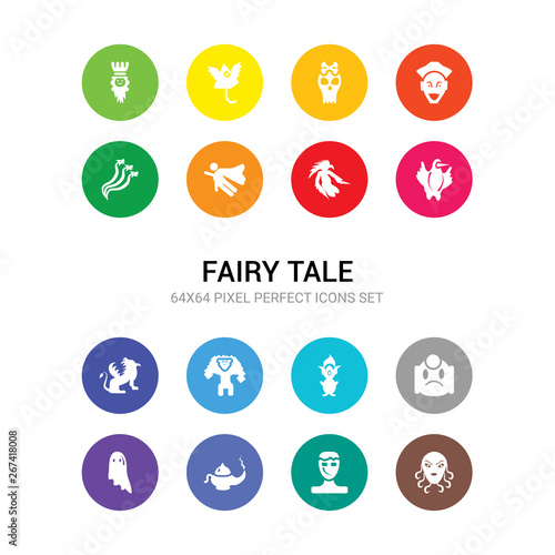 16 fairy tale vector icons set included female medusa, frankenstein, genie, ghost, giant, goblin, golem, griffin, gryphon, harpy, hero icons