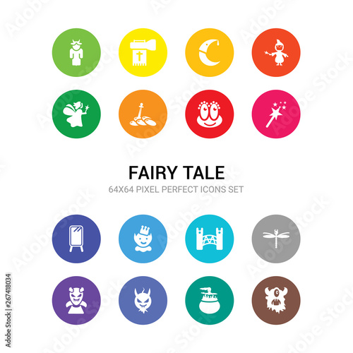 16 fairy tale vector icons set included cyclops, damsel, devil, dracula, dragonfly, drawbridge, dwarf, elf, enchanted mirror, enchantment, excalibur icons