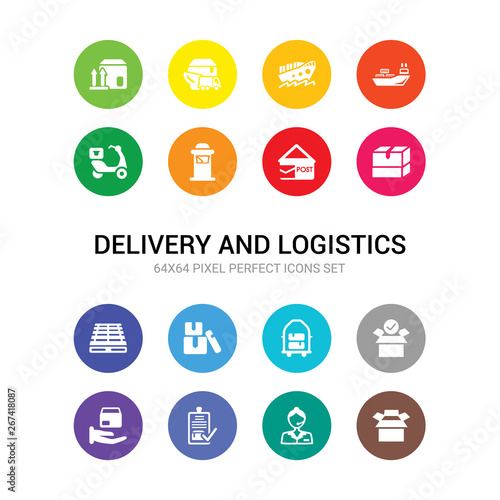 16 delivery and logistics vector icons set included open box, operator, order, package, package checking, package on trolley, packages, pallet, parcel, post office, postbox icons