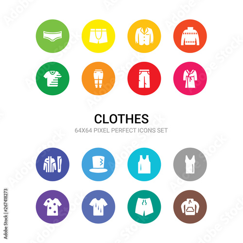 16 clothes vector icons set included sweatshirt, swim shorts, t shirt, t-shirt, tank top, tanktop, top hat, tracksuit, trench coat, trouser, trousers icons