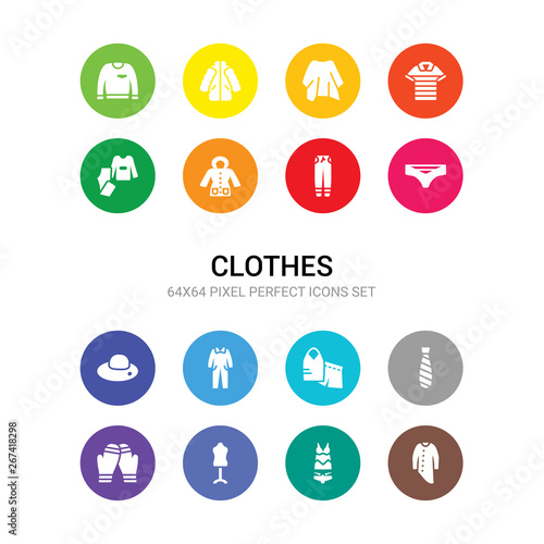 16 clothes vector icons set included kurta, lingerie, mannequin, mittens, necktie, nightwear, overall, pamela, panties, pants, parka icons