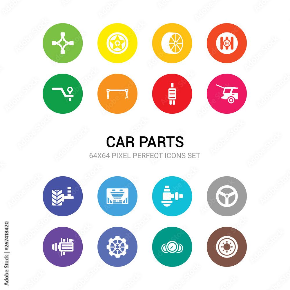 16 car parts vector icons set included car spare wheel, car speedometer, sprocket, starter, steering wheel, sump, sunroof or sunshine roof, suspension, tailgate, tailpipe, torsion bar icons 16 car parts vector icons set included car spare wheel, car speedometer, sprocket, starter, steering wheel, sump, sunroof or sunshine roof, suspension, tailgate, tailpipe, torsion bar icons