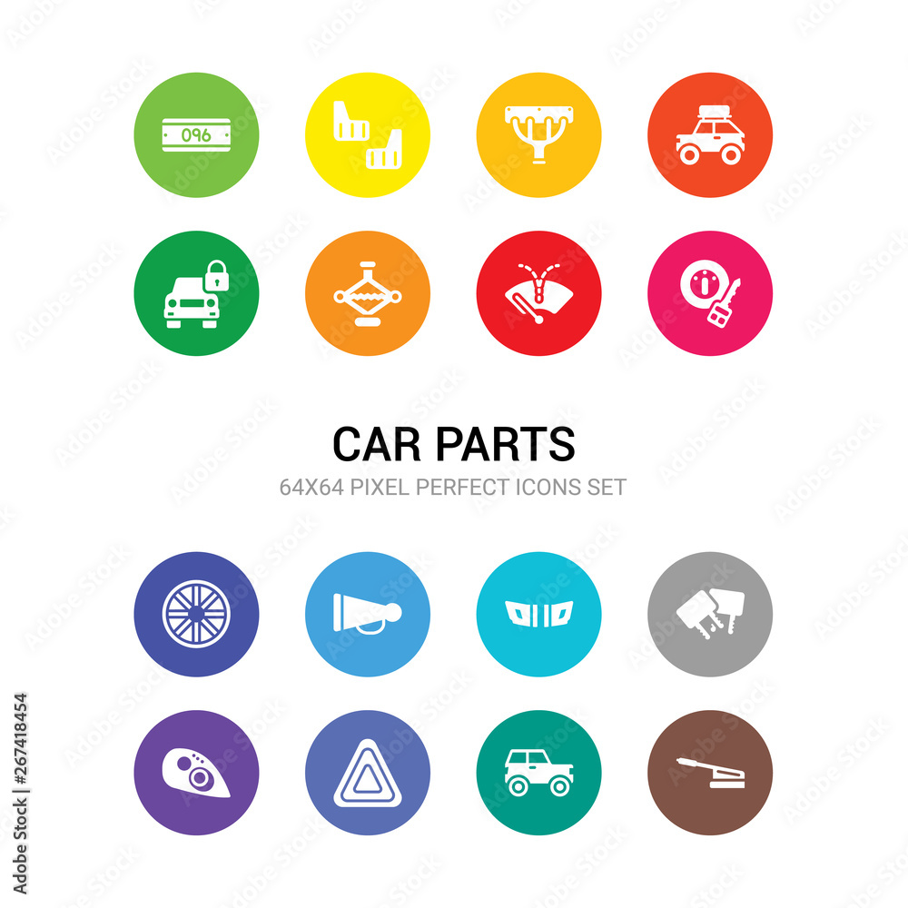 16 car parts vector icons set included car handbrake, car hard top, hazard lights, headlight, headrest, hood, horn, hubcap, ignition, indicator, jack icons 16 car parts vector icons set included car handbrake, car hard top, hazard lights, headlight, headrest, hood, horn, hubcap, ignition, indicator, jack icons