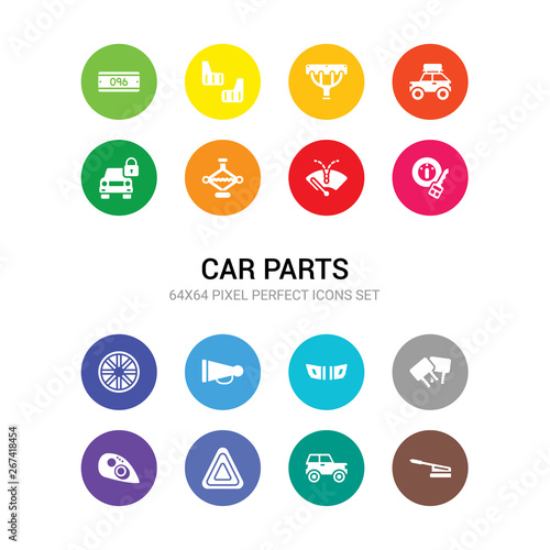 16 car parts vector icons set included car handbrake, car hard top, hazard lights, headlight, headrest, hood, horn, hubcap, ignition, indicator, jack icons