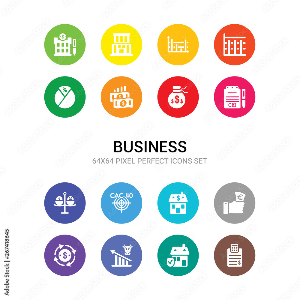 16 business vector icons set included budget, buildings insurance, bull market, business cycle, buy-out, buy-to-let mortgage, cac 40 index, carry trade, cbi industrial trends, capital account,