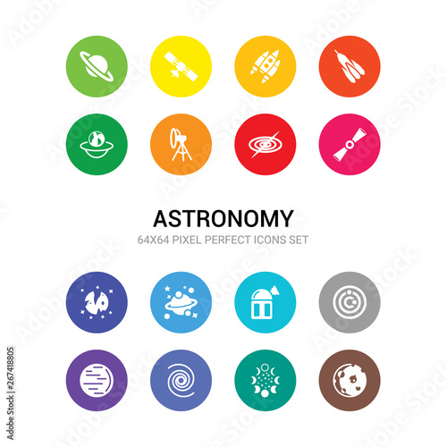 16 astronomy vector icons set included moon, moon phases, nebula, neptune, orbit, planetarium, planets, pluto, pulsar, quasar, reflector icons