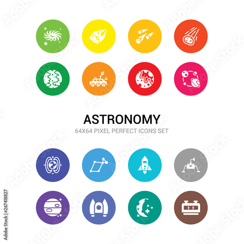 16 astronomy vector icons set included generator, half moon, jet pack, jupiter, lander, liftoff, lyra constellation, magnetic field, magnitude, mars, mars rover icons