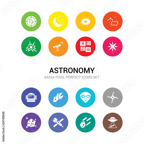 16 astronomy vector icons set included abduction, aerolite, aerospace, aerosphere, airscrew, alien, asteroid, astranaut helmet, astrology, astronaut, astronomy icons