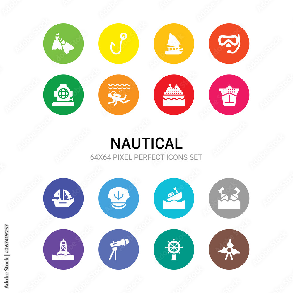16 nautical vector icons set included boat screw, boat steering wheel, boat telescope, buoy, buoys, capsizing, captain hat, caravel, cargo ship front view, cruise ship, diver icons 16 nautical vector icons set included boat screw, boat steering wheel, boat telescope, buoy, buoys, capsizing, captain hat, caravel, cargo ship front view, cruise ship, diver icons