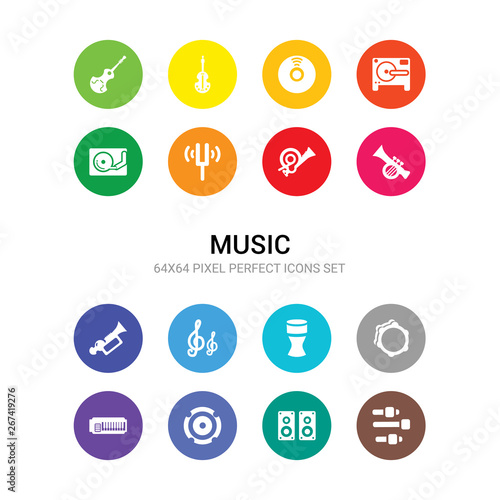 16 music vector icons set included sound mixer, sound system, speaker, synthesizer, tambourine, timpani, treble clef, trombone, trumpet, tuba, tuning fork icons