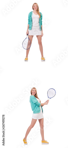 Young beautiful lady playing tennis isolated on white 