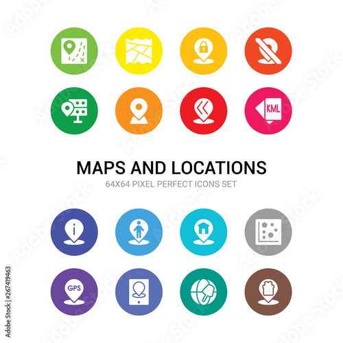 16 maps and locations vector icons set included gift shop location, globe, gps device, gps location, heat map, home location, human information point pin, keyhole markup language, left chevron,