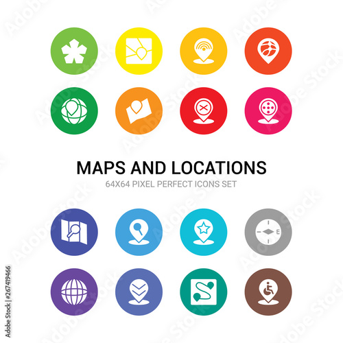 16 maps and locations vector icons set included disabled, distance, down chevron, earth grid, east, favorite place, find location, find on map, football field pin, forbidden, geo cordinates icons