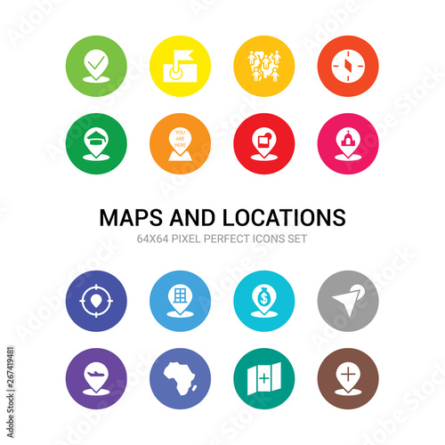 16 maps and locations vector icons set included add location, add to map, africa, airport pin, arrow on map, bank pin, building pin, center, church, club location, you are here icons