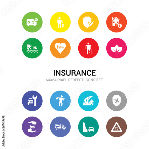 16 insurance vector icons set included slippery road, stone on the road, towed car, transport insurance, travel insurance, tsunami unemployed, vehicle repair, wellness, wounded, family icons