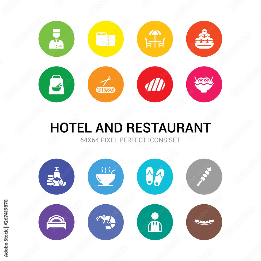 16 hotel and restaurant vector icons set included sausage, servant, shrimp, single bed, skewer, slippers, soup, spa, spaghetti, steak, sushi icons 16 hotel and restaurant vector icons set included sausage, servant, shrimp, single bed, skewer, slippers, soup, spa, spaghetti, steak, sushi icons