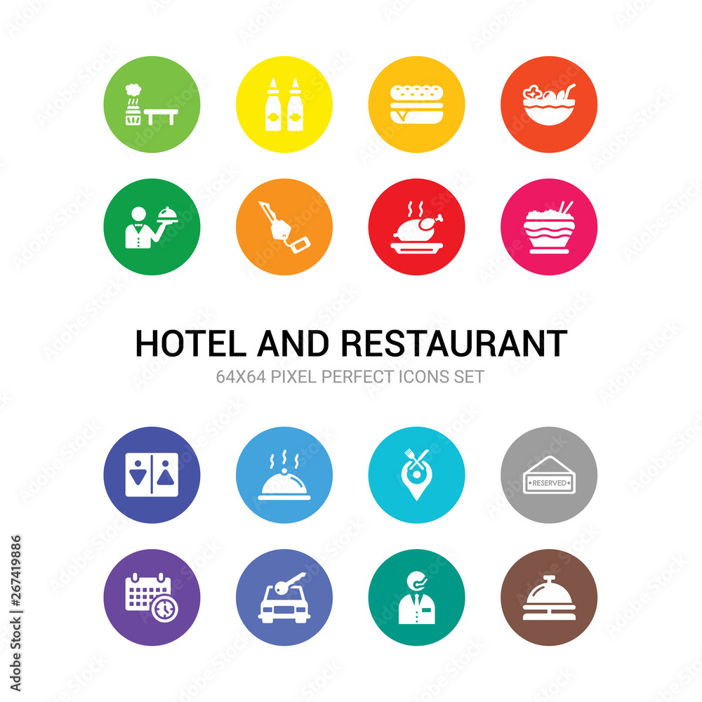 16 hotel and restaurant vector icons set included reception bell, receptionist, rent a car, reservation, reserved, restaurant, restaurant tray, restroom, rice, roast chicken, room key icons 16 hotel and restaurant vector icons set included reception bell, receptionist, rent a car, reservation, reserved, restaurant, restaurant tray, restroom, rice, roast chicken, room key icons