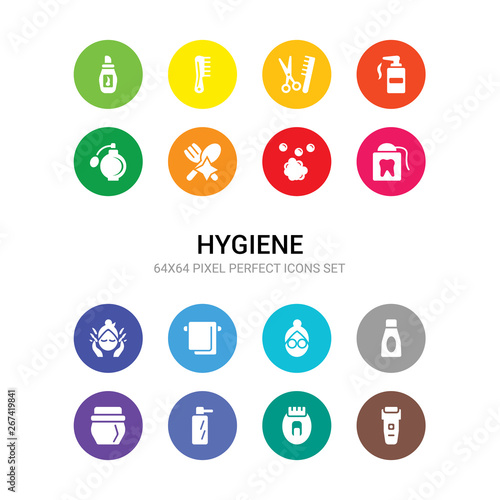 16 hygiene vector icons set included epilator, epliator, face cleanser, face cream, face cream, mask, towel, washer, flossing, foam, food hygiene icons