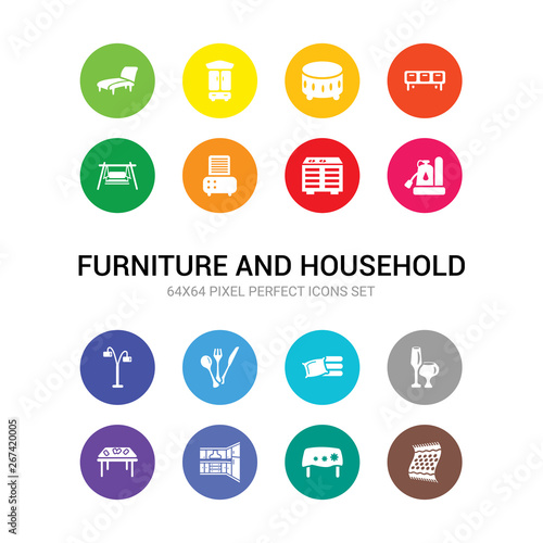 16 furniture and household vector icons set included rugs, table linens, cabinets, card table, glassware, linens, silverware, lamps, sump pump, heating unit, dehumidifier icons