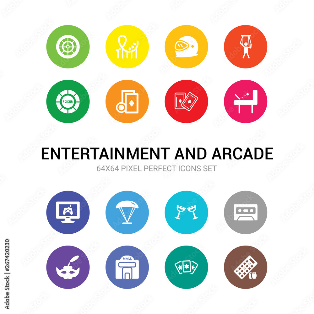16 entertainment and arcade vector icons set included lottery game, magic cards, mall, masquerade, music tape, nightclub, paraplane, pc game, pinball, playing cards, poker icons 16 entertainment and arcade vector icons set included lottery game, magic cards, mall, masquerade, music tape, nightclub, paraplane, pc game, pinball, playing cards, poker icons