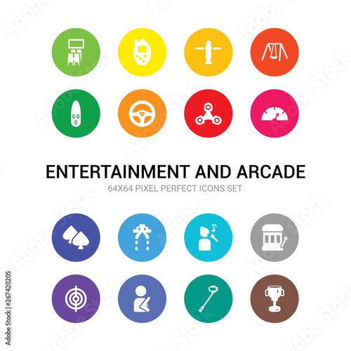 16 entertainment and arcade vector icons set included score, selfie stick, shooter, shooting game, slot machine, soprano, space invaders, spades, speedometer, spinner, steering wheel icons