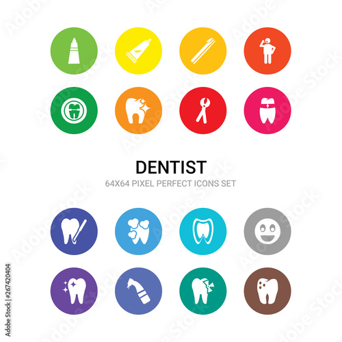 16 dentist vector icons set included prophylaxis, radiograph, sealants, shiny tooth, smiling, teeth, tooth cleaning, tooth extraction, filling, pliers, whitening icons