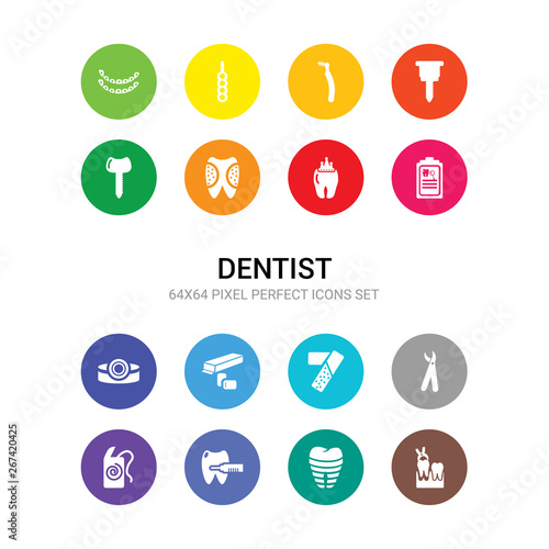 16 dentist vector icons set included extraction, fake tooth, filler, floss, forceps of dentist tools, gauze, gum, headlamp, health report, healthy tooth, holed tooth icons