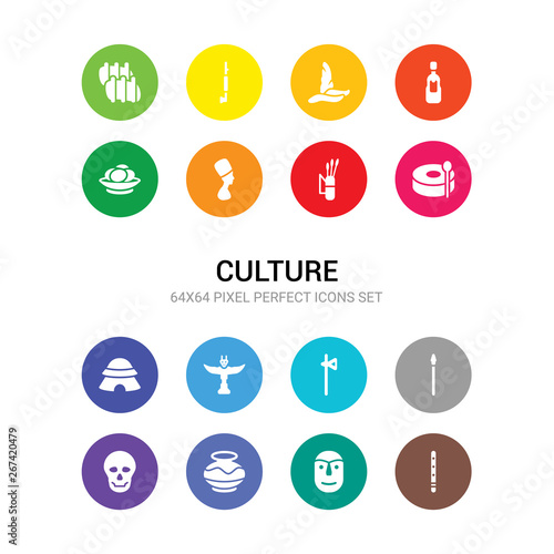 16 culture vector icons set included native american flute, native american mask, native american pot, skull, spear, tomahawk, totem, wigwam, drum, amertican arrows and quiver, nefertiti icons