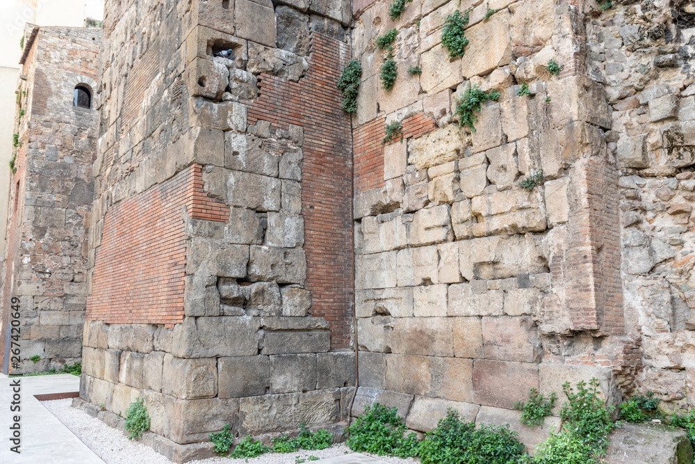 The Roman wall of Barcelona, Barrio Gotico (Gothic Quarter) , Catalonia, Spain