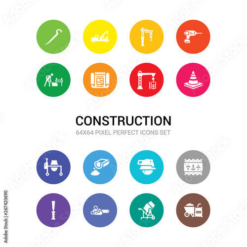16 construction vector icons set included cement, cement mixers, chainsaw, chisel, circuit breaker, circular saw, concrete, concrete mixer, cone, construction, construction plan icons