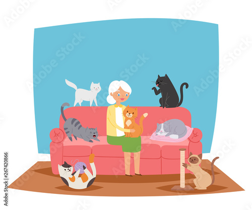 Smiling granny, old lady holding cat banner vector illustration. Woman sitting on sofa in living room. Pets playing with ball of yarn and claw sharpener. Kitten sleeping on pillow.