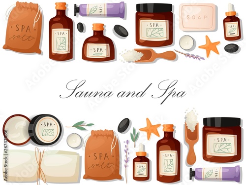 Sauna and spa banner vector illustration. Bath accessories and supplies. Realistic plastic containers bottles, tubes and jars for cream, body lotion, shampoo and soap, milk and gel.