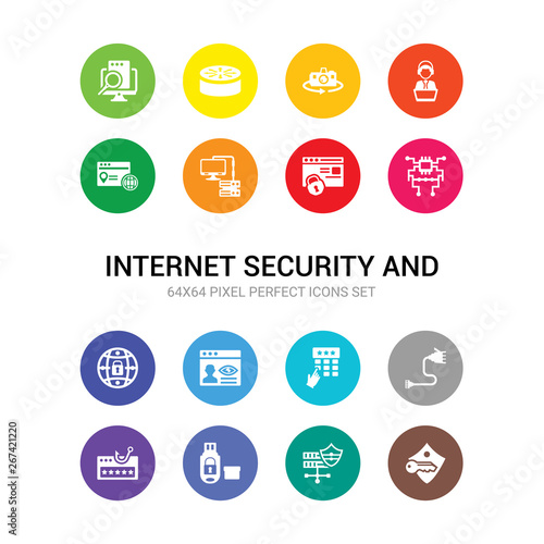 16 internet security and vector icons set included passkey, password, pendrive security, phishing, phone cable, pin code, privacy, private network, processor, protected, proxy server icons