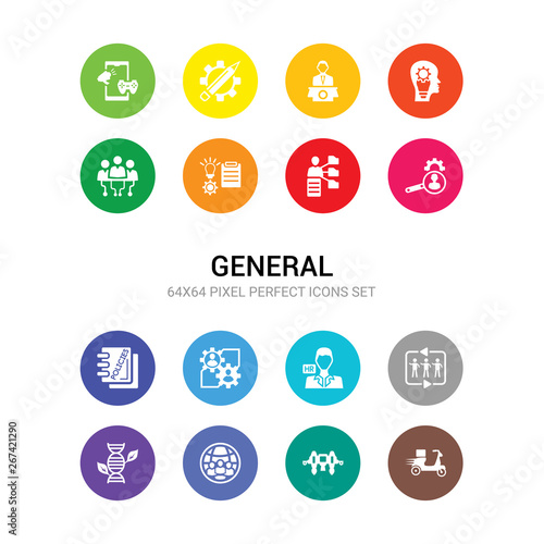 16 general vector icons set included food delivery, future technology, global team, gmo, group opinion, hr manager, hr planning, hr policies, services, software, solutions icons