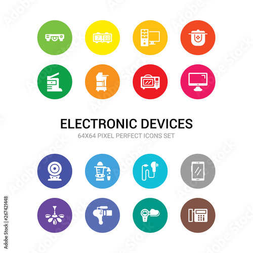 16 electronic devices vector icons set included calculator, camcorder, camera, ceiling fan, cell phone, charger, cold-pressed juicer, compact disc, computer, convection oven, copier icons