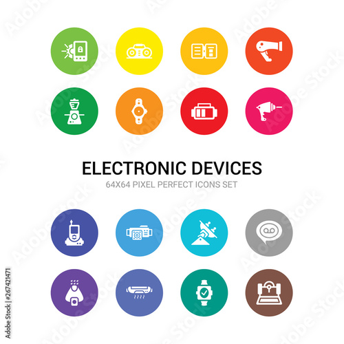 16 electronic devices vector icons set included 3d printer, activity tracker, air conditioner, air purifier, answering machine, antenna, asic miner, baby monitor, barcode scanner, battery,