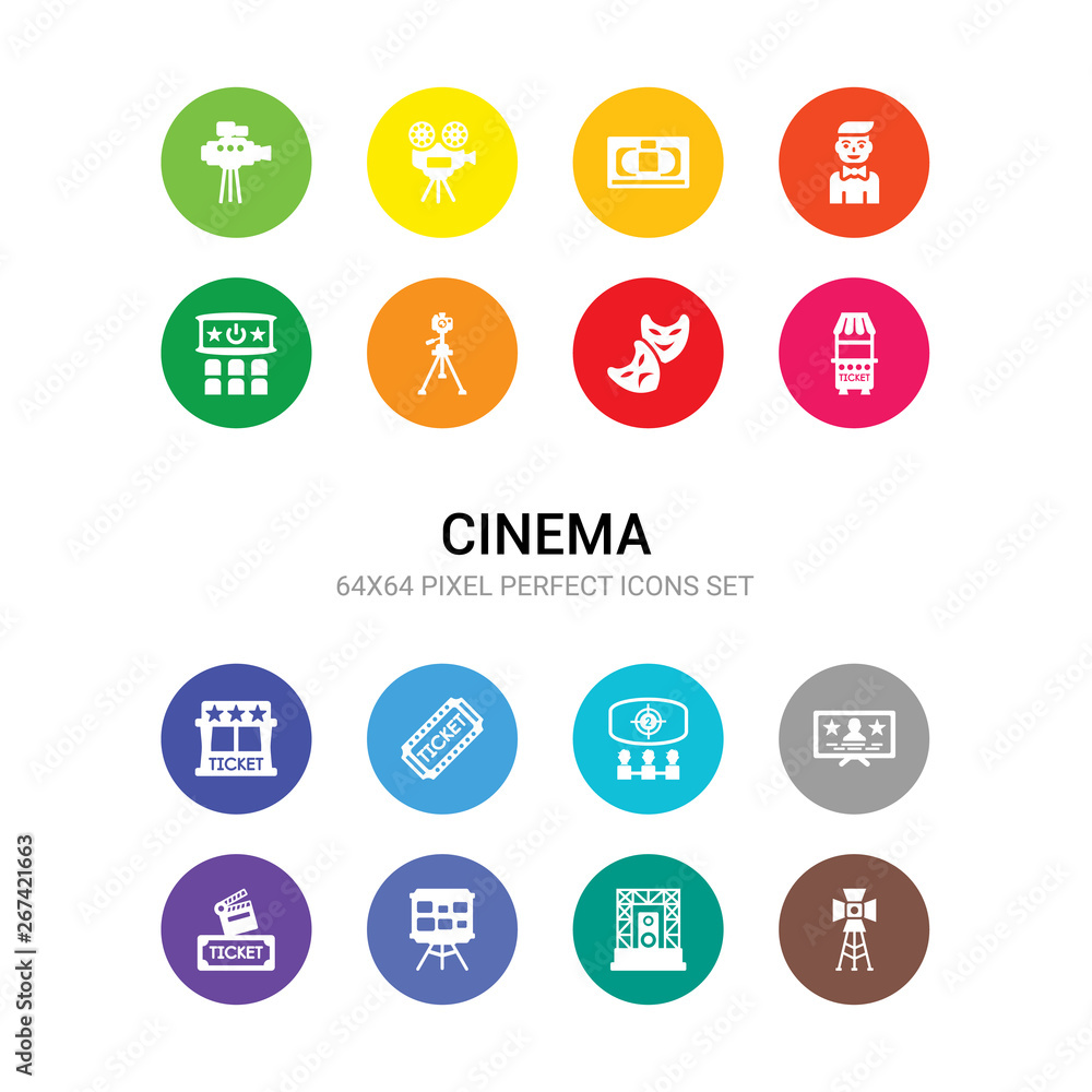 16 cinema vector icons set included spotlight, stage, storyboard, studio,  subtitle, theatre, ticket, ticket office, ticket window, tragedy, tripod  icons Stock Vector | Adobe Stock