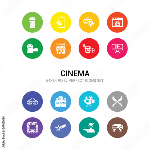16 cinema vector icons set included hd movie, hitman, hollywood star, home cinema, machete, movie, movie billboard, film, player, reel, theater icons