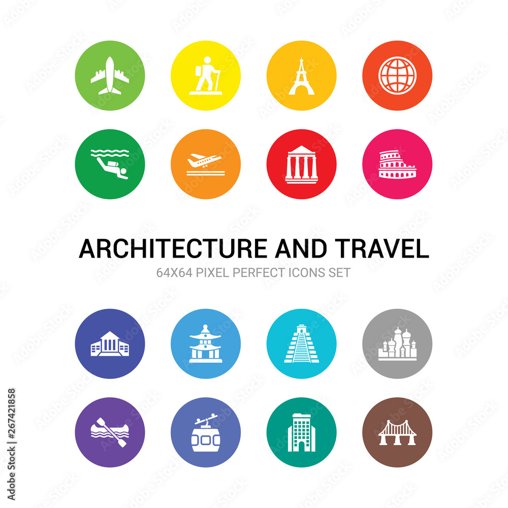 16 architecture and travel vector icons set included bridge, building, cable car, canoe, cathedral of saint basil, chichen itza, chinese temple, city hall, colosseum, column, departures icons 16 architecture and travel vector icons set included bridge, building, cable car, canoe, cathedral of saint basil, chichen itza, chinese temple, city hall, colosseum, column, departures icons
