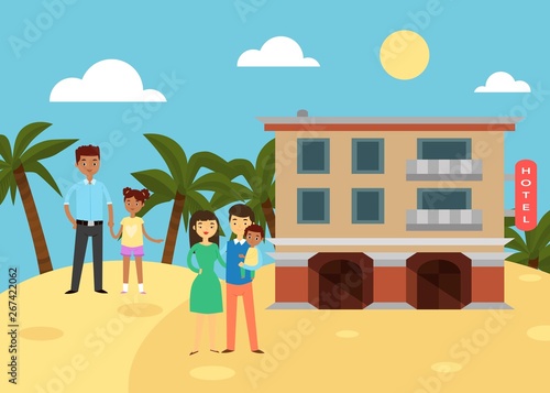 Tropical family hotel banner vector illustration. Summer beach vacation concept on seaside, holiday. Mother hugging father with boy on hands. Man going with daughter near palms.