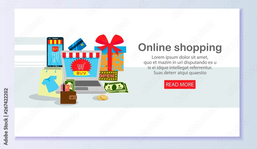 Online shopping banner vector illustration. Design template for buying clothing such as T-shirt, jeans, shoes online ordering, e-commerce. Bag with purchases, present. Web page.