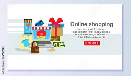 Online shopping banner vector illustration. Design template for buying clothing such as T-shirt, jeans, shoes online ordering, e-commerce. Bag with purchases, present. Web page.