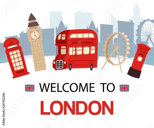 Welcome to England banner vector illustration. London tourist sights and symbols of Great Britain, discover United Kingdom. Big Ben or Great Bell of Palace of Westminster.