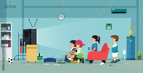 Children and friends play video games in the house.