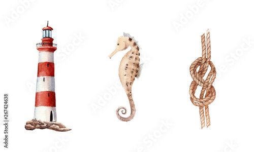 hand drawn watercolor set with lighthouse, knot, sea horse isolated on white background