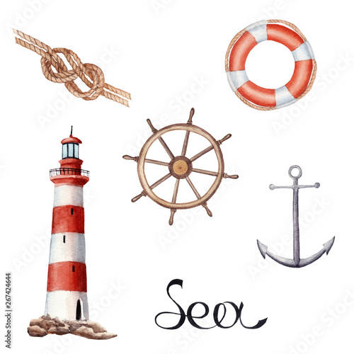 hand drawn watercolor set with lighthouse, knot, sea horse isolated on white background