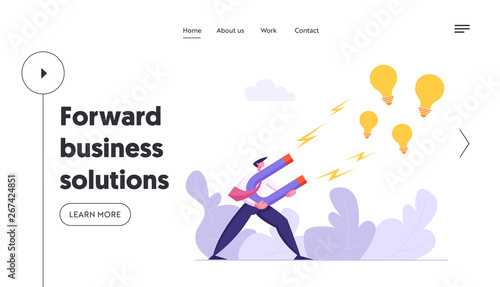 Businessman Character Attracting Creative Idea Landing Page. Light Bulb Symbol with Big Magnet. Business Vision with Successful Man and New Ideas Website Banner. Vector flat cartoon illustration