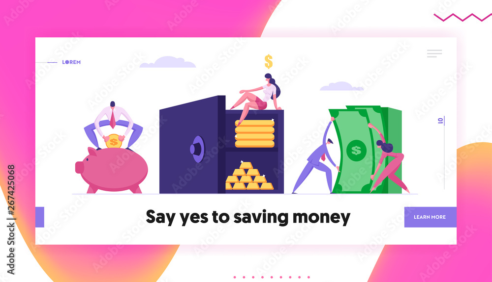Naklejka premium Safe Deposit Box Website Page Concept with People Collecting Money Savings. Bank Employees, Fund Investment with Characters and Earnings Banner Landing Page. Vector flat cartoon illustration