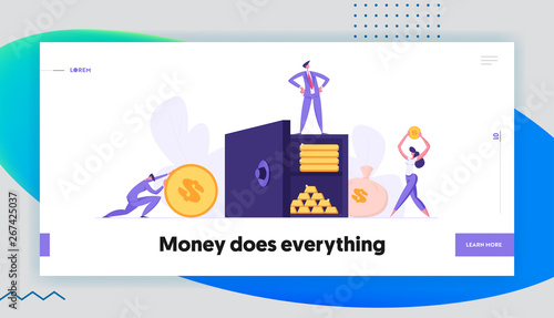 Safe Deposit Box Web Banner Concept with People Collecting Money Savings. Bank Employees, Fund Investment with Characters and Earnings Landing Page. Vector flat cartoon illustration