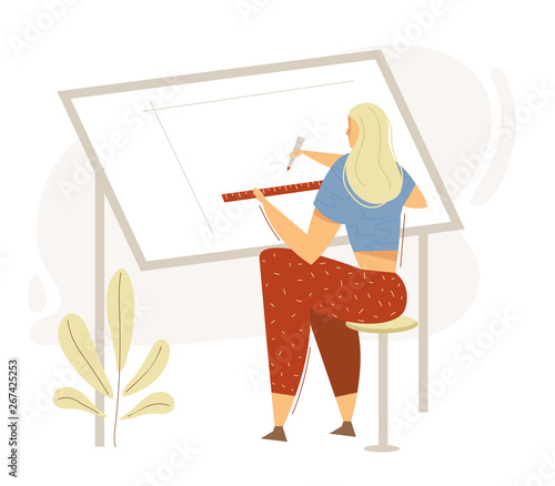 Architect Female Character Working on Blueprint. Building Construction Architects Designing Concept with Woman Drawing Engineering Sketch. Vector flat cartoon illustration
